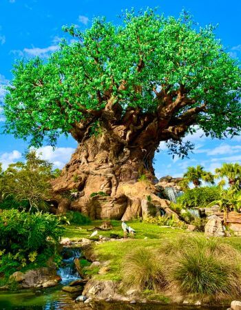 The iconic Tree of Life at Disney's Animal Kingdom, featuring intricate carvings of various animals, under a bright blue sky, symbolizing the park's focus on nature and wildlife.