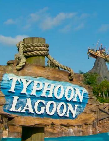 Typhoon Lagoon Water Park sign. Complete Orlando travel services: tickets, transfers, and family accommodation planning.