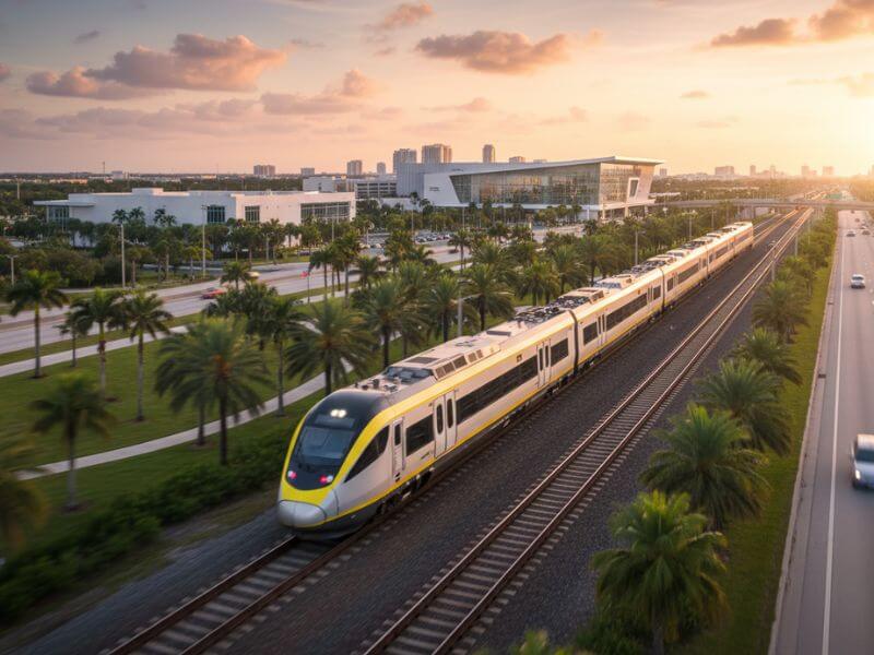 Fast and modern Brightline train service connecting cities in Florida, including Orlando and Miami.