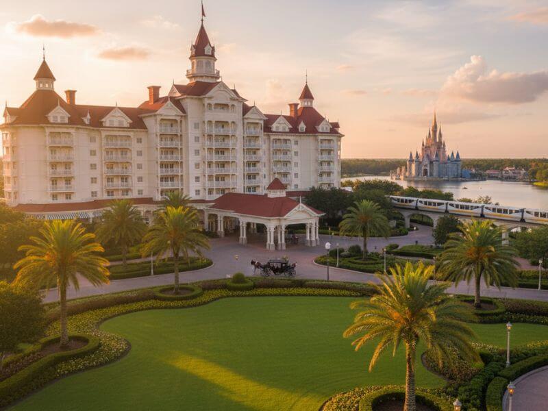 Resort de lujo Disney's Grand Floridian en Orlando con el Castillo de Magic Kingdom y el Monorriel al fondo, destacando la mejor estancia de lujo y vista al parque.