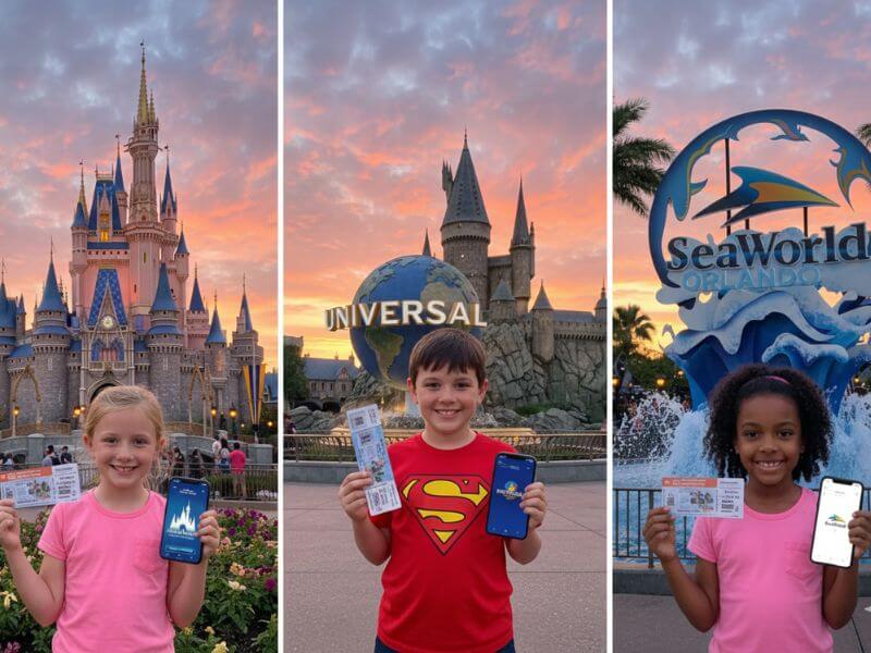 Obtén tus entradas oficiales para Walt Disney World, Universal Orlando Resort y SeaWorld, con niños mostrando entradas y aplicaciones.