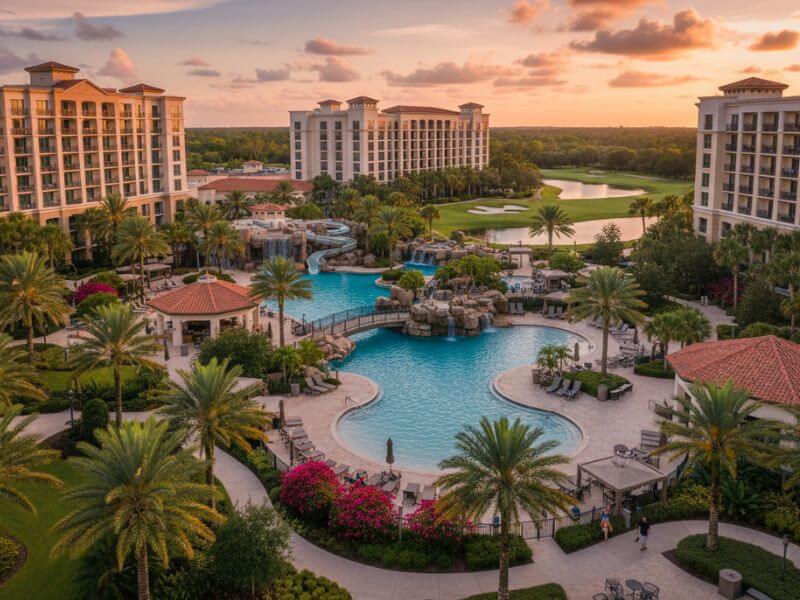 Hermoso resort de hotel de lujo familiar en Orlando con múltiples piscinas, toboganes de agua, y vista al campo de golf.