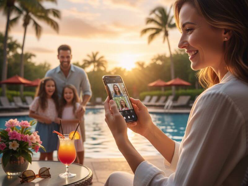 Familia disfrutando de vacaciones en Orlando mientras permanece conectada con servicio de teléfono internacional, perfecto para videollamadas.