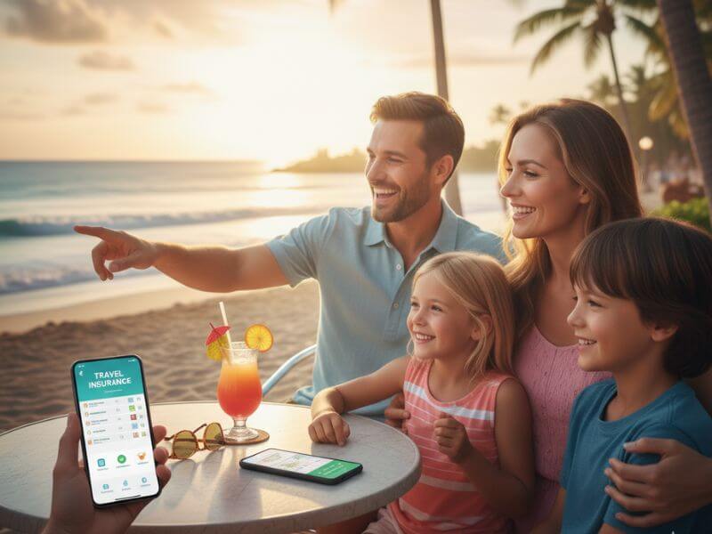 Familia protegida por seguro de viaje, garantizando tranquilidad durante cualquier viaje, incluyendo cobertura médica y cancelación.